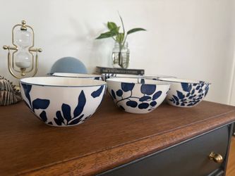 Blue and White Botanical Ceramic Bowls Set of 3