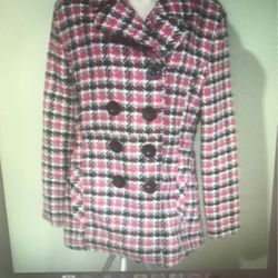 Rue 21 Womens Dress Coat Black Pink Buttons Lined Wool Blend Collar Belted M