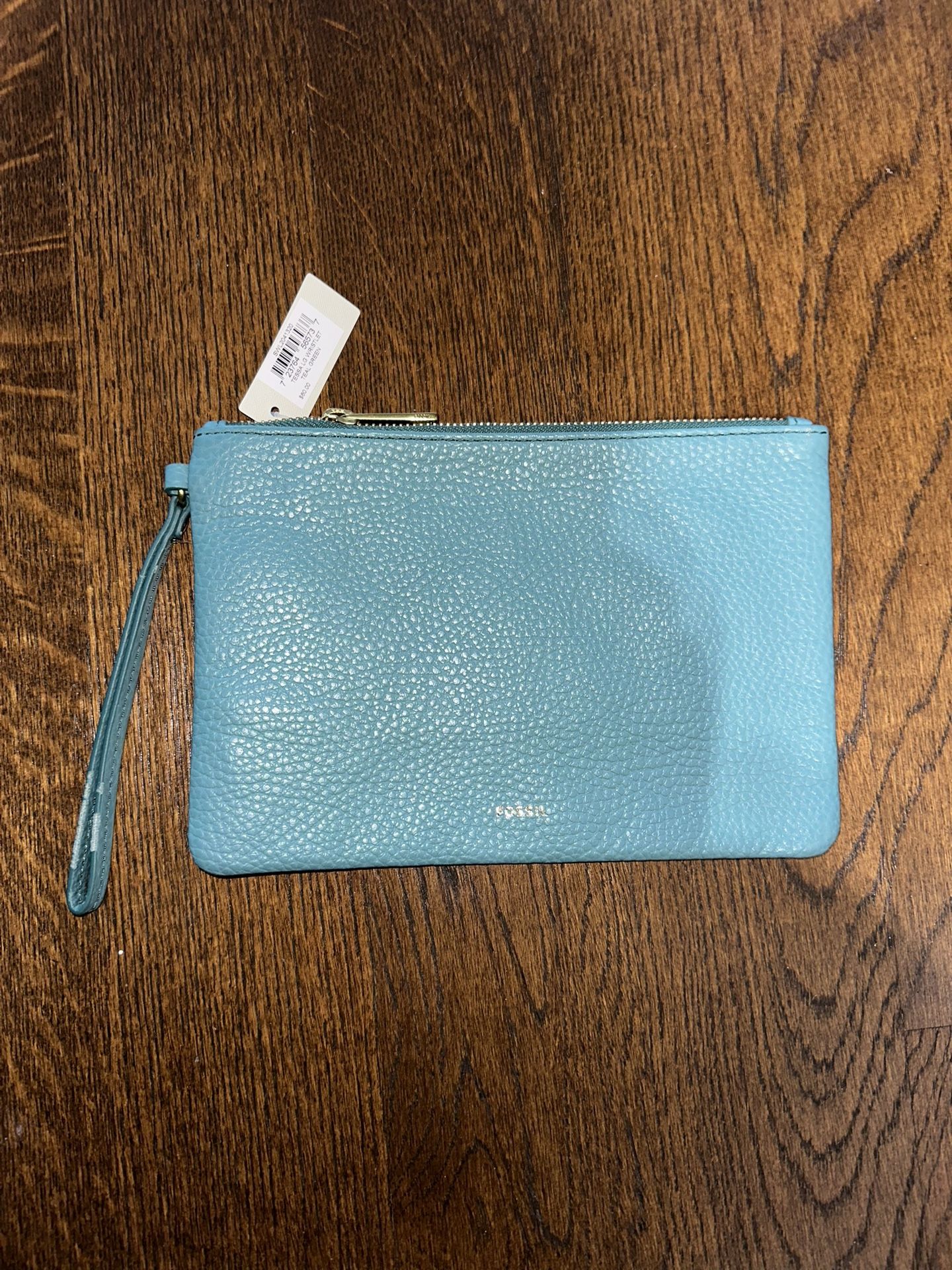 NEW Fossil Teal Green Large Leather Wristlet Pouch
