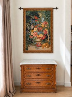 TERRACOTTA FLOWERS BELGIAN FLORAL Still Life Bouquet Wall TAPESTRY Art 57” X 38 1/2”