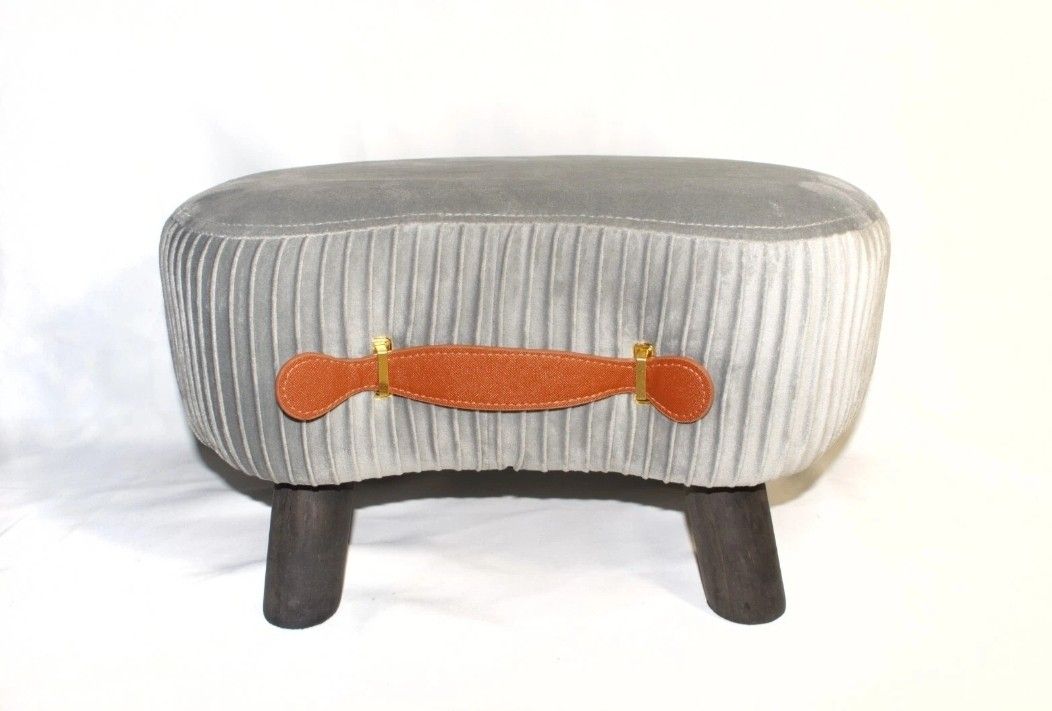 Small Curved Foot Stool with Leather Handle Velvet Footstool and Ottomans, Gray