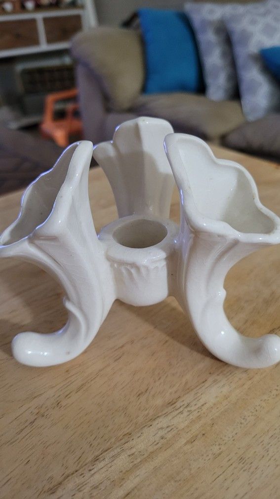 Vintage White porcelain Candle Holder Triple Cornucopia Design Japan
