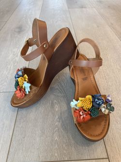 Fabio Maggenti Women's Floral Embellished Leather Wedge Sandals Brown Sz 8 Italy