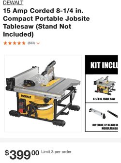 15 Amp Corded 8-1/4 in. Compact Portable Jobsite Tablesaw (Stand Not Included)