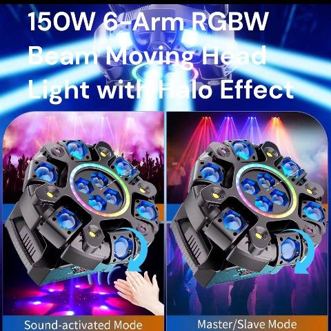 (2 PACK) 150W 6-Arm RGBW Beam Moving Head Light with Halo Effect