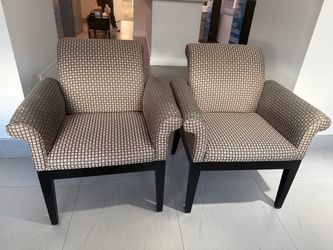 2 Patterned Armchairs with Dark Wood Legs for office or living room