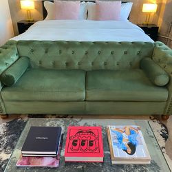 Green Velvet Upholstered Chesterfield Couch 80”