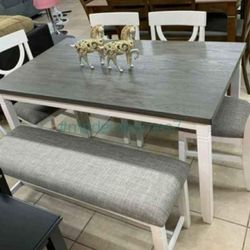 ✅️✅️(6 pc white & grey finish wood dining table set grey padded seat chairs and bench✅️✅️✅️