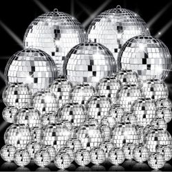 50 Pcs Disco Balls Ornaments Mini Disco Balls Silver Hanging Decorations Reflective Mirror Ball Cake Decoration 70s Disco Party Supplies For Christmas