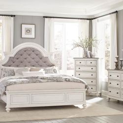 Antique Style, Two tone Bedroom Set With Button Tufted Grey Headboard