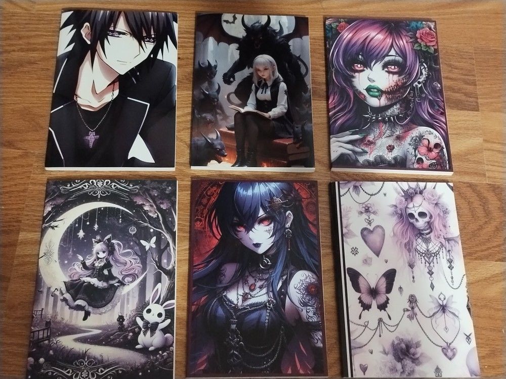 Set of 6 New Anime Inspired Gothic Lined Notebook Journal 6" x 9"