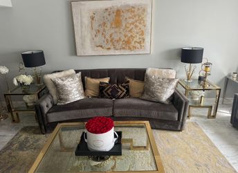 Gray Velvet Tufted Sofa with Nailhead Trim