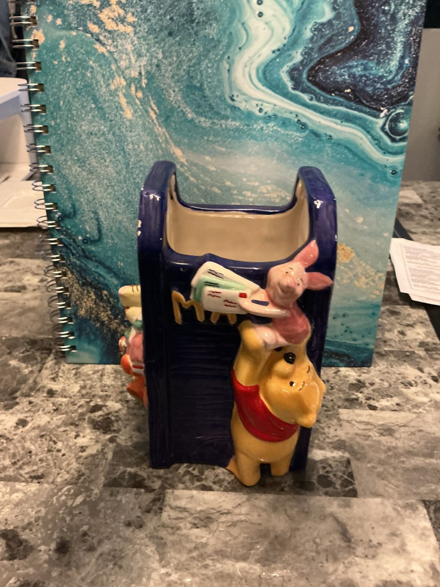 vintage FTD Disney Winnie the Pooh, Tigger, and Piglet ceramic mailbox-shaped planter or vase. 