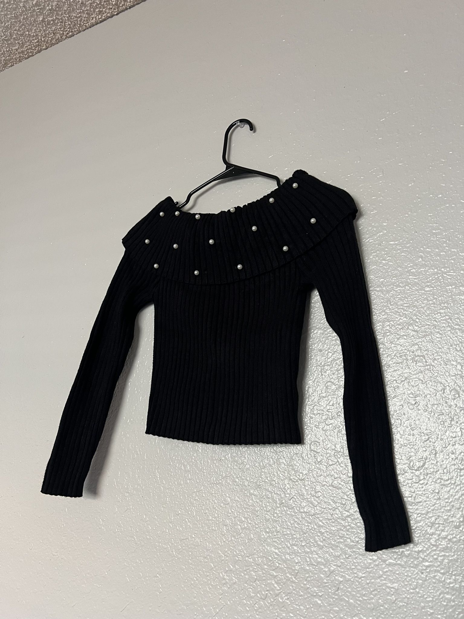Black Off The Shoulder Sweater With Pearls