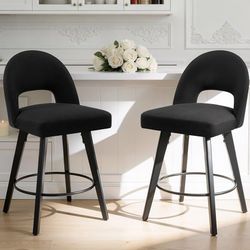 Swivel Bar Stools Set of 2, 26 Inch Counter Height Stools with Backs & Wood Legs, Modern Upholstered Fabric Counter Stools for Kitchen Island, Black  