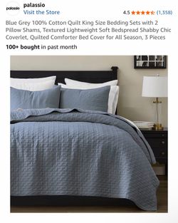 King Size 100% Cotton Quilt Set – Blue/Grey