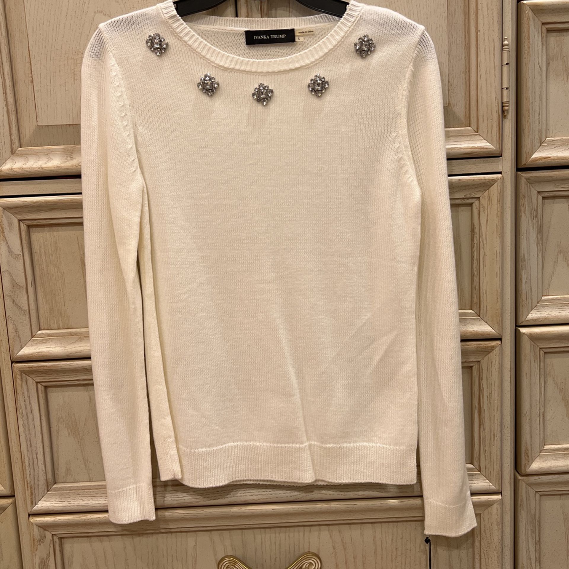 Ivanka Trump Cream Colored Sweater with Crystal Embellished Collar