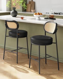 Stools Set of 4 Bar Height Stools with Rattan Back and Metal Legs, 25.1-inch