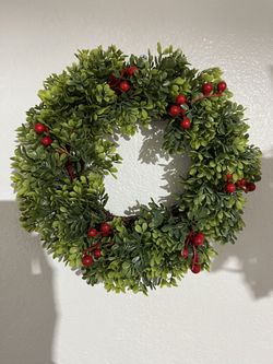 11” x 11” Holiday Boxwood Wreath with Red Berries