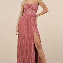 Lulus Desme Rose Pink Satin Plisse Strapless Maxi Dress