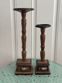 Vintage 70’s Pair of Hand Carved and Hand Painted Wooden Candlestick Holders w/Ducks