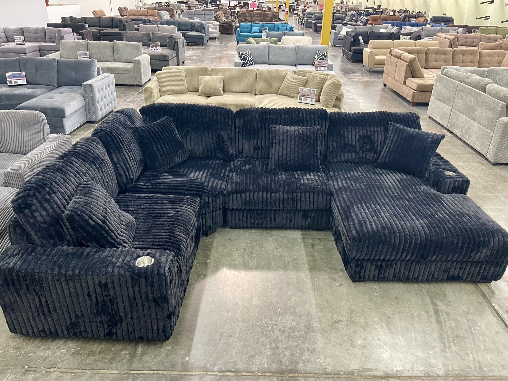 Black Sectional With Oversized Chaise - Soft Fur Like Corduroy