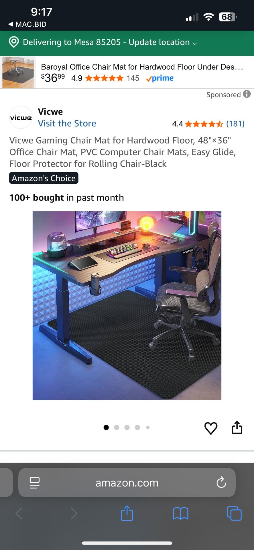 Vicwe Gaming Chair Mat For Hardwood Floors 48”x36”