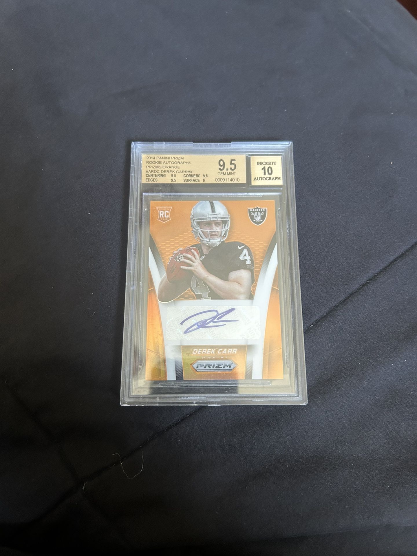 Derek Carr Prizm Orange Rookie Auto /50