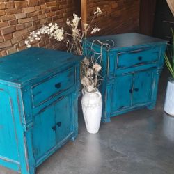 2 Night Stands Or End Tables Very Nice Re Done For Distressed Shaby Chic Apperance. Teal Color .very Good Condition.
