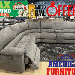 Gray Sofa Sectional w/ 3x Power Recliners & Wireless Charging 