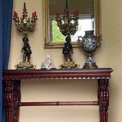 Gorgeous carved wood marble top table/desk 