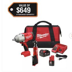  Milwaukee M12/M18 12/18V Lithium-Ion Cordless 3/8 in. Ratchet and 1/2 in. High Torque Impact Wrench with Friction Ring Combo Kit