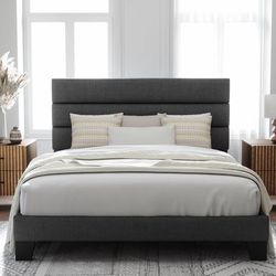 Queen Upholstered Platform Bed Frame — Charcoal Gray