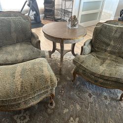 Tan And Sage Antique Chairs W Ottoman