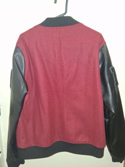 Varsity Bomber Jacket Burgundy Black Leather Sleeves