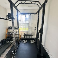 Mikolo Power Rack Cage, Weight Rack with Dual Pulley Cable Crossover Machine,Multi-Function Squat Rack with J Hooks,Dip Bars and Landmine for Home Gym