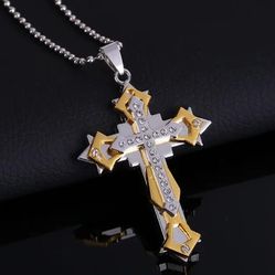 Uniquely Crafted Multi-layer 2-Tone CZ Cross Pendant Necklace 