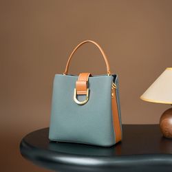 Women's Genuine Top-Grain Cowhide Handbag - Wrinkle Texture, Multi-Color (Grey///) Genuine Light Beige, Lightweight Buckle Closure Bucket Purse for Cr
