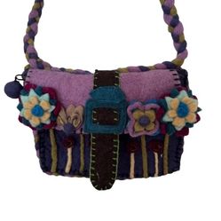 Rising Tide Woman’s Blue 100% Wool Shoulder Purse with Flower and Pompom Details