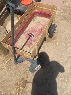 Red Metal Wagon with Wood Side Rails