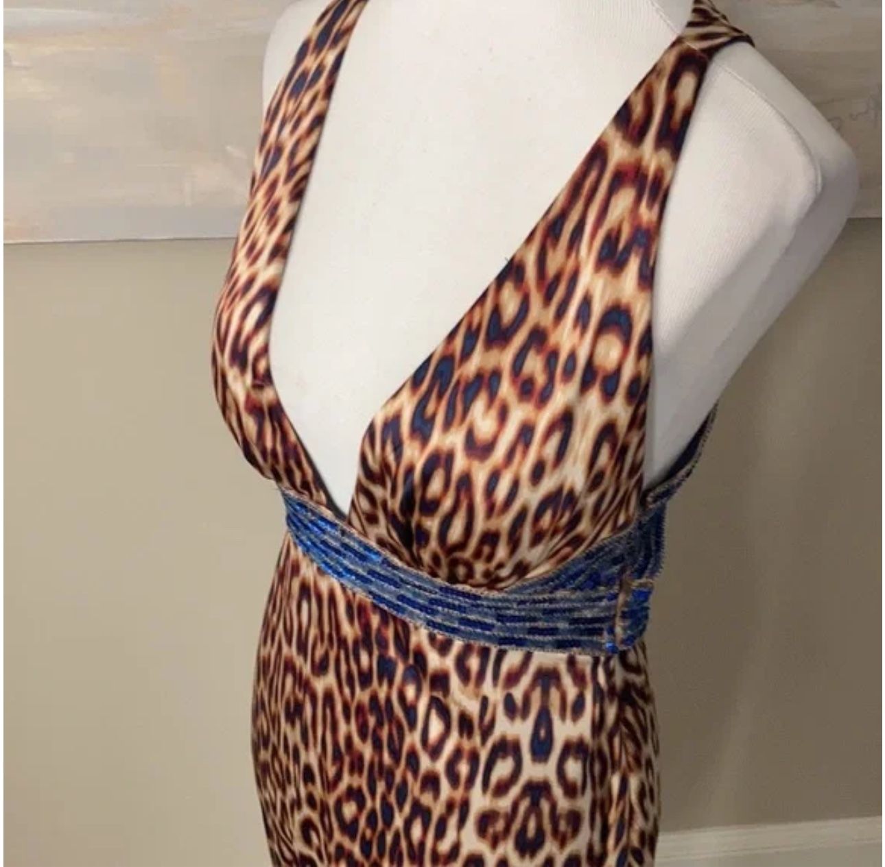 Jessica Simpson Leopard V Neck Beaded Halter Cocktail Maxi Dress, -  www.joarbit.com