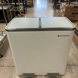 SONGMICS 2 x 8 Gallon (2 x 30 L) Garbage Can 2 Compartments Plastic Hinged Lids w/ 15 Trash Bags - White / Gray