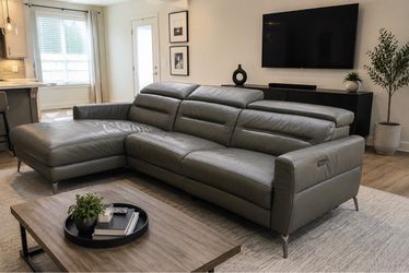 Dania Leather Power Reclining Sectional w/ Chaise – Modern Gray
