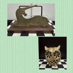 $40 EACH Vintage Brass Owl Candle Holder 5.5” x 4” and Vintage Brass and wood  unicorn mail holder