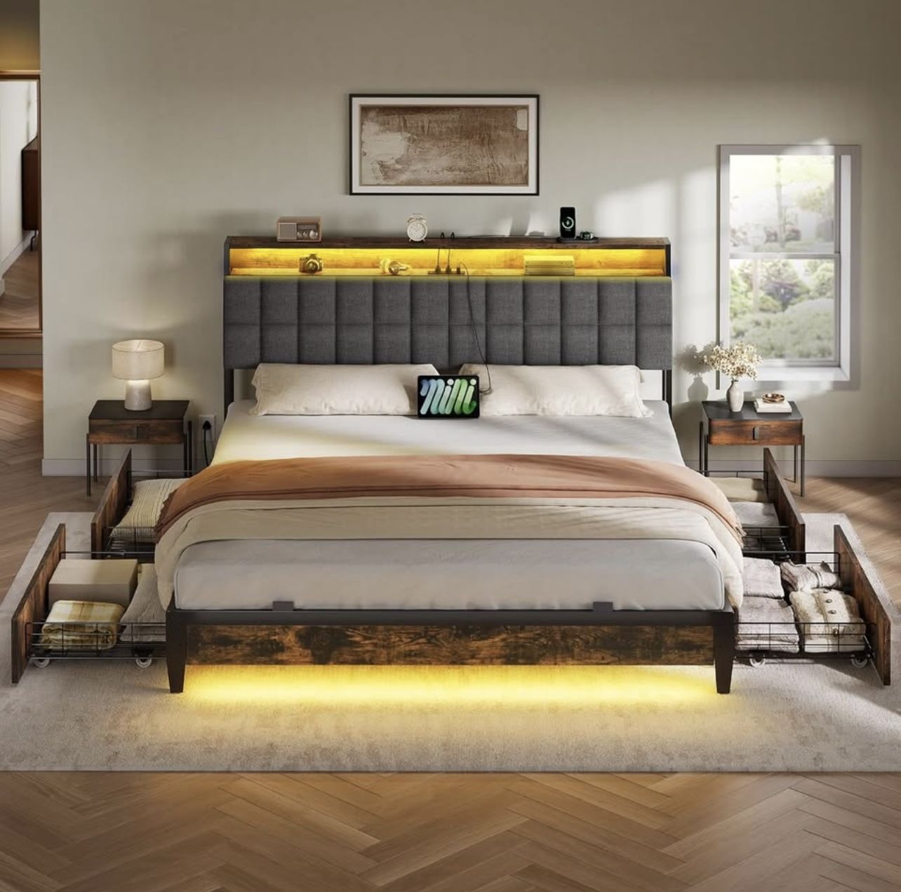 BED FRAME QUEEN SIZE WITH STORAGE DRAWERS AND LED LIGHTING BRAND NEW IN BOX!!!