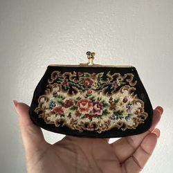 Floral Needlepoint Tapestry Change/Coin Purse with Kiss Lock Snap Closure