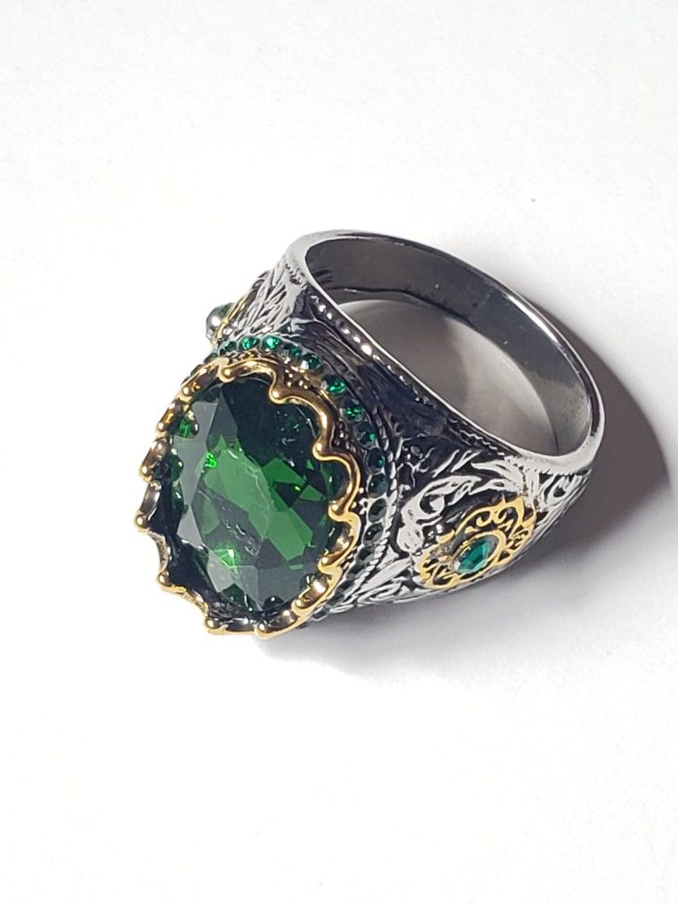 Zircon Ring 925 Silver Ring Engraved, Multi Stone Ring for Men. Color Green Stone Ring Size 12