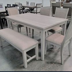 ✅️✅️6 pcs light grey finish wood dining table  set padded seat chairs and bench ✅️ 