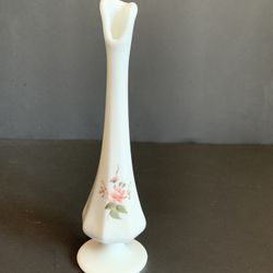 Fenton Midcentury American Milk Glass Bud Vase Hand Pqinted and signed