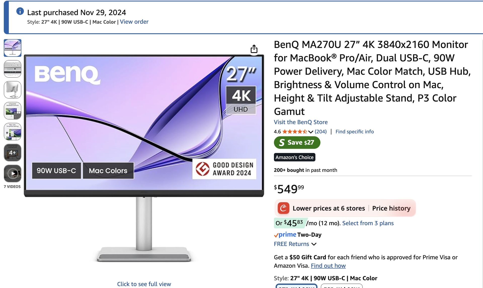 BenQ 27” PC Monitor (MAC colors) | Great For gaming and Apple Products